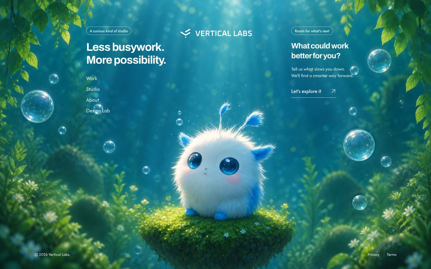 A blue-eyed white creature on a mossy floating island, surrounded by teal water, greenery and bubbles