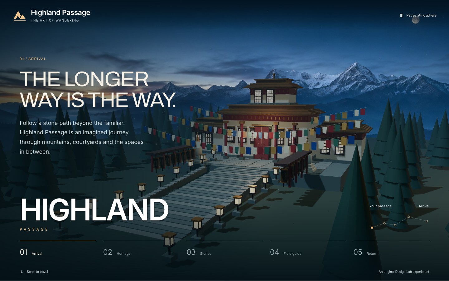 Highland Passage: an imagined mountain landscape and live Three.js monastery