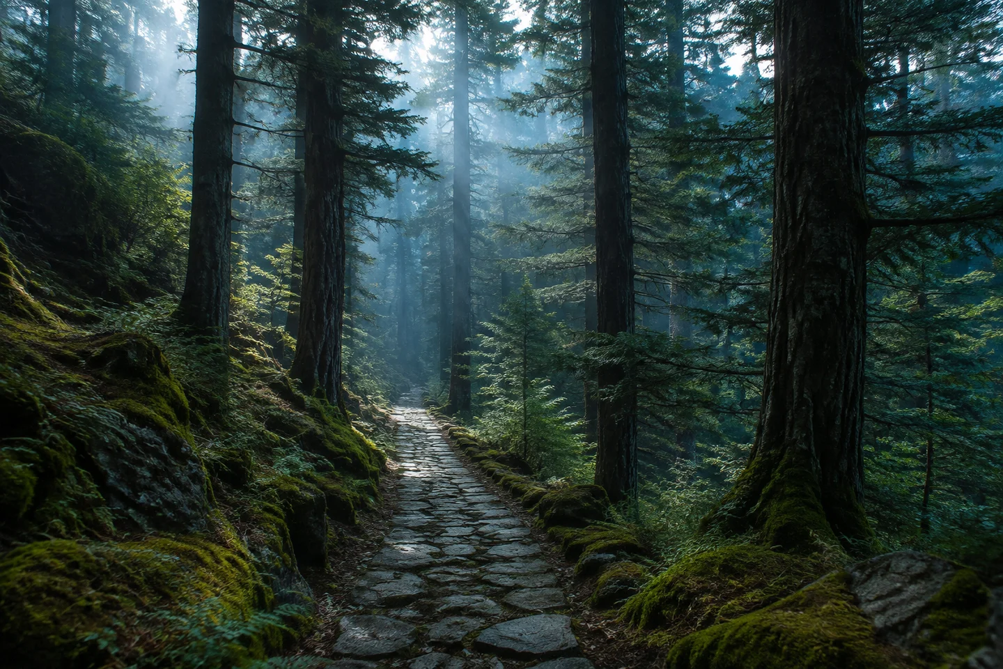 A moss-edged stone path winding between cedar trees in blue-green mist