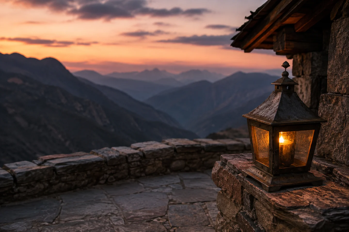 An amber lantern on a stone terrace overlooking mountain valleys at sunset