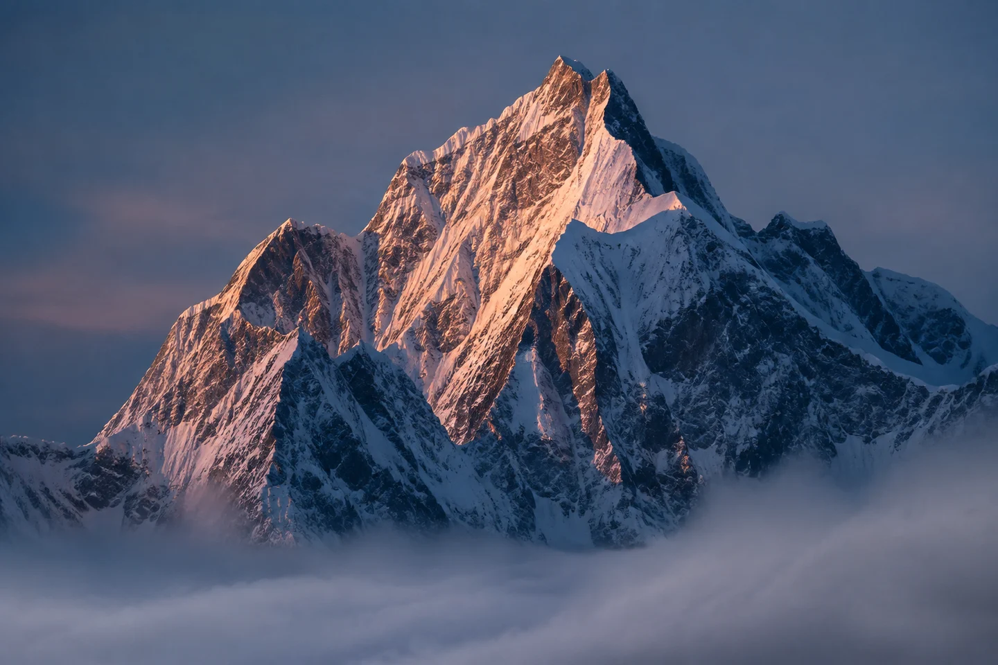 Warm first light on a snow-covered peak rising above clouds