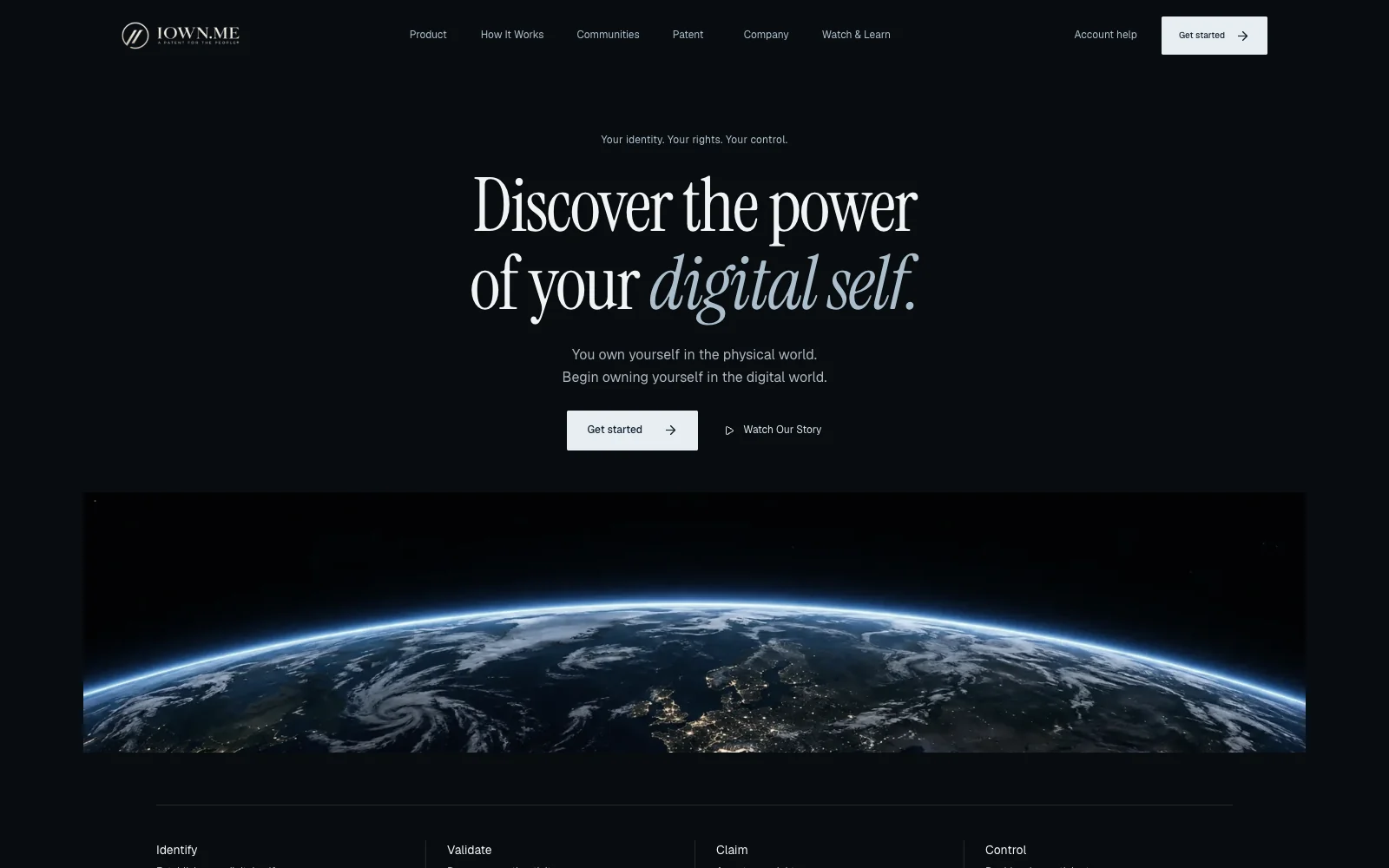 iOwnMe website preview introducing digital self-ownership above a view of Earth.
