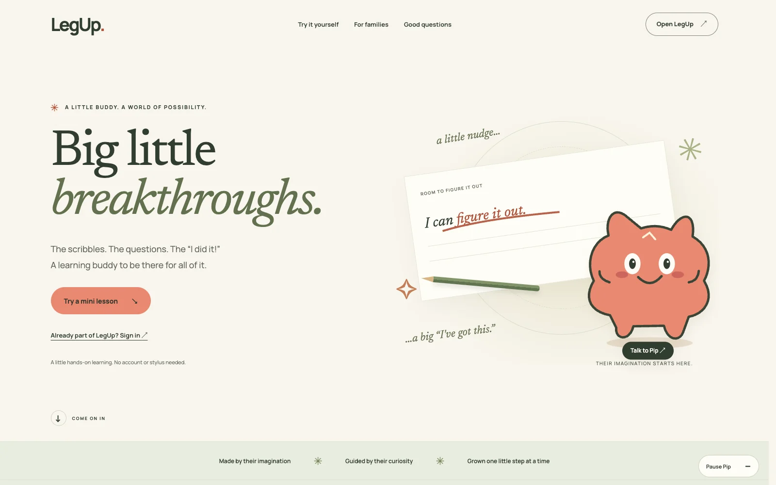 LegUp learning homepage with its Pip character and an invitation to try a mini lesson.